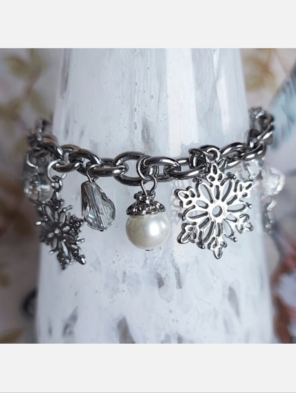 Snowflake Faux Pearls Clear Rhinestone Smoke Crystal Beads Glass Bracelet Anklet